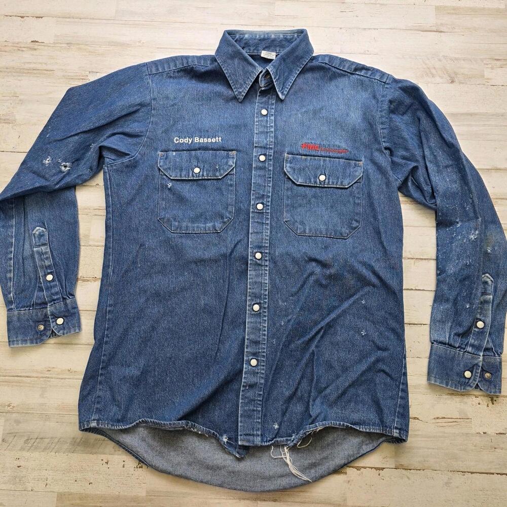 Vintage Denim Pearl Snap Employee Work Shirt DISTRESSED Men's MED